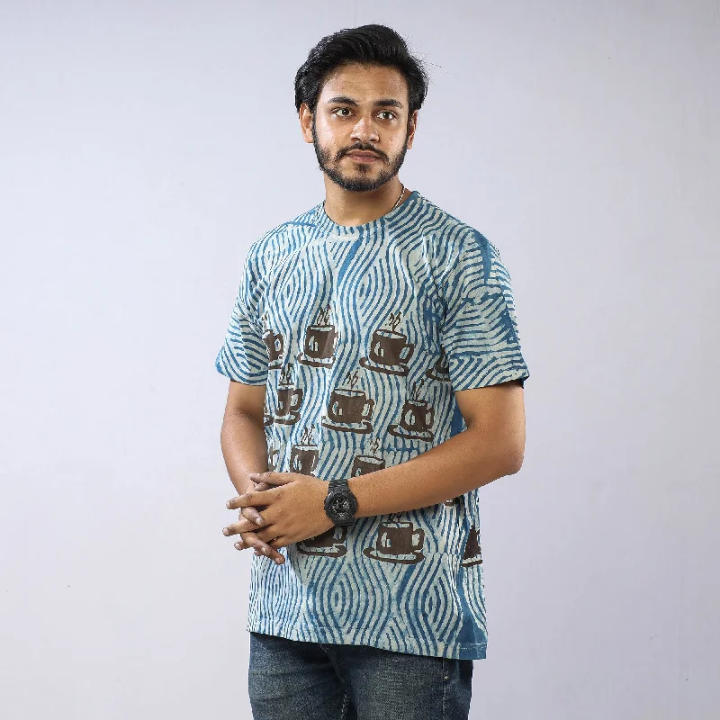 Blue - Bindaas Block Art Printed Cotton Round Neck T-shirt