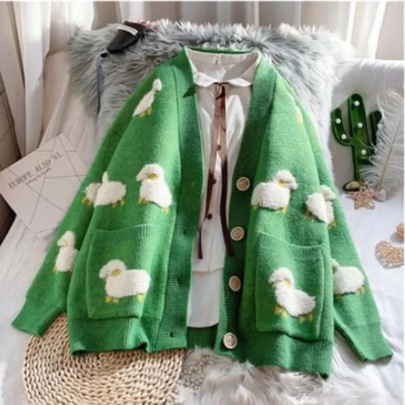 Autumn Winter Fashion Korean Style Women Casual Sweater and Cardigans Long Sleeve V neck Button Up Loose Jacket Overcoat