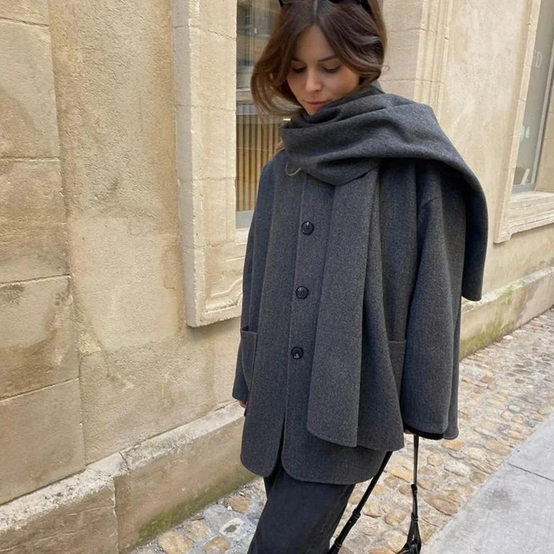 Autumn Winter Grey Cashmere Jacket With Scarf Women Long Sleeve Collar Elegant Single Breasted Coats Fashion Pocket Overcoat