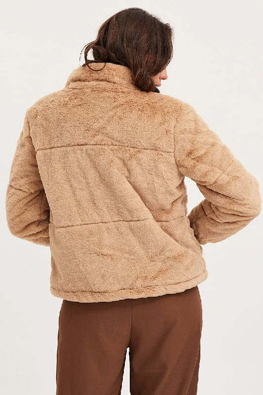 Beige Faux Fur Jacket Long Sleeve