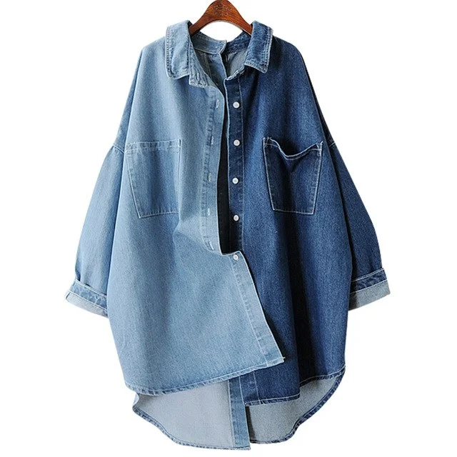 [EWQ] 2018 Spring Autumn New Korean Tide Blue Turn-down Collar Batwing Sleeve Single Breasted Cotton Lady Coat MA70505