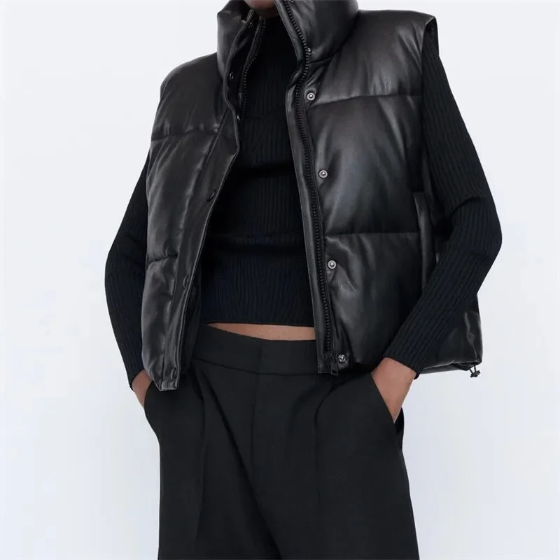 Fashion Streetwear Women Puffy Vest Winter Thick Parkas Jacket Black PU Female Coats Faux Leather Down Waistcoat Loose Lady Vest