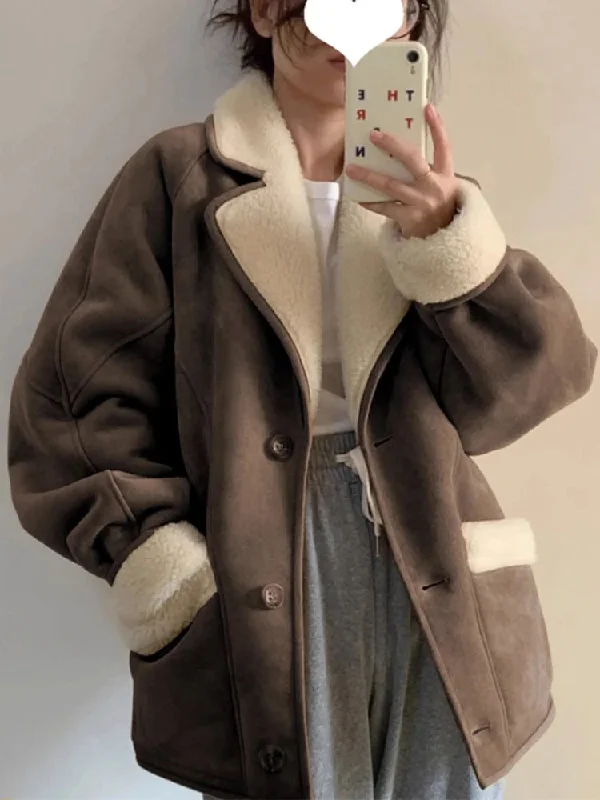 Lamb Wool Jacket Women Autumn Winter Thick Warm Fleece Casual Short Coats Korean Fashion Vintage Single Breasted Lapel Outerwear