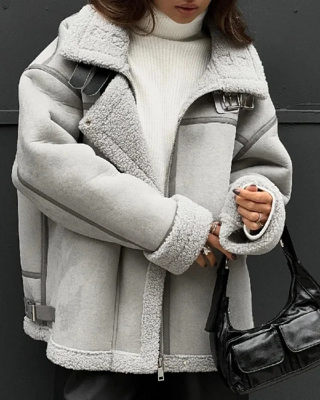 Lambswool Fur Integrated Patchwork Women Jacket Lapel Zipper Pockets Long Sleeve Female Coat Winter Thickening Warm Lady Outwear