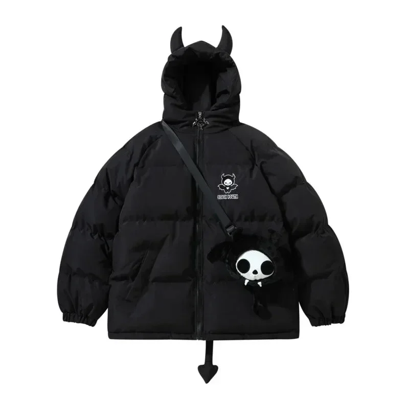 Little Devil Cartoon Parka With Wings And Tail Creative High Street Winter Warm Down Y2K Jacket Couple Loose Hooded Bubble Coat