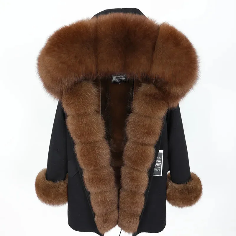 Getadme Natural Real Fox Fur Jacket Hooded Black Waterproof Woman Winter Warm Coat Parkas Luxury Jacket Female Clothing