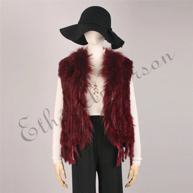 Natural Rabbit Fur Vest With Raccoon Fur Collar Party Waistcoat jackets knitted Gilets women wool vest colete de pele de coelho