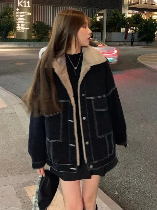 Getadme 2 New Korean Fashion Winter Women Coat Warm Lapel Denim Thick Jacket Casual Work Clothes Cotton Padded Jackets for Women Tops