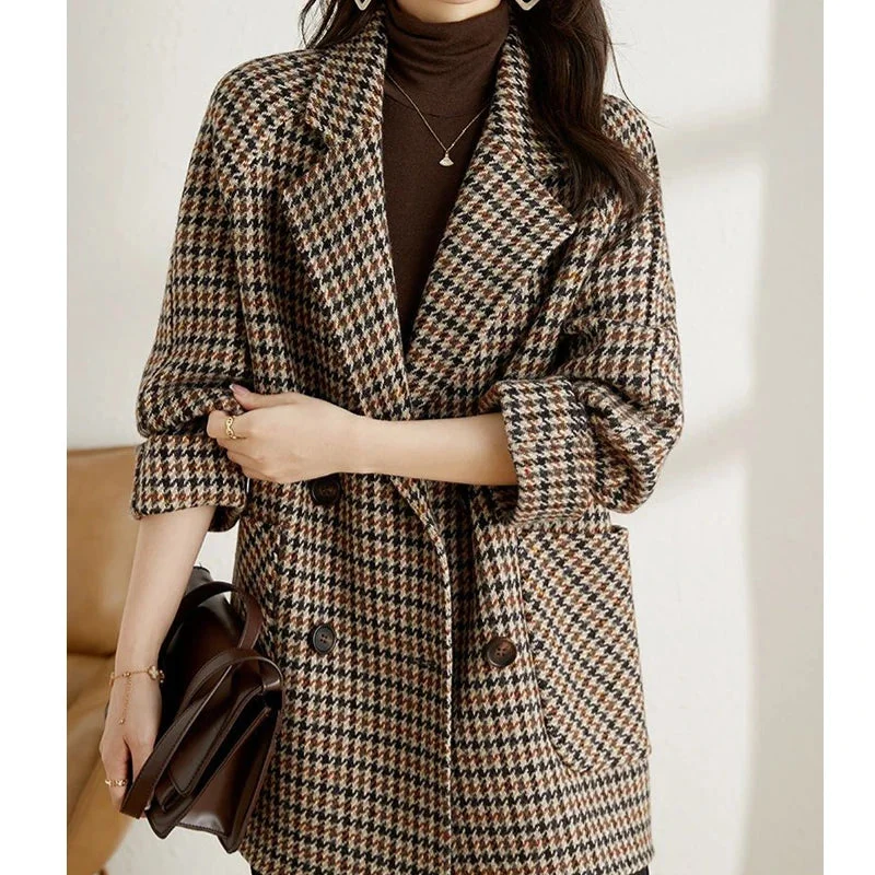 Getadme 1 New Vintage Houndstooth Women Woolen Blazer Double Breasted Plaid Female Suit Jacket Fashion Korean Outerwear Loose Blaser Coat