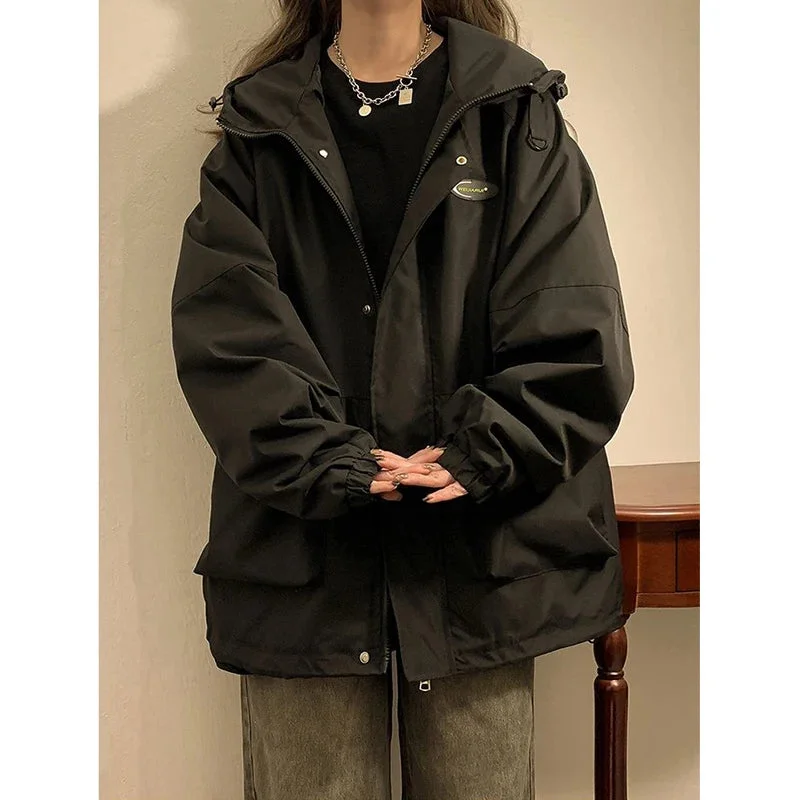 Getadme 1 Oversized Hooded Bomber Jacket Women Vintage Loose Windbreaker Jackets Ladies Autumn Korean Fashion Harajuku Casual Zipper Coat