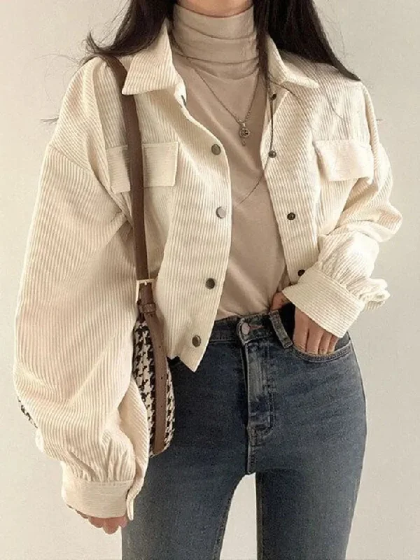 Vintage Corduroy Cropped Jacket Women Korean Fashion Long Sleeve Drawstring Blouses Female Casual Loose Single Breasted Coats