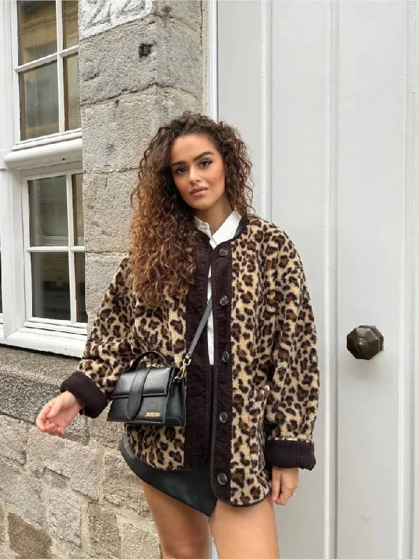 Vintage Leopard Print Reversible Wool Coats Women O-neck Single Breasted Pockets Fleece Jackets Autumn Winter Female Streetwear