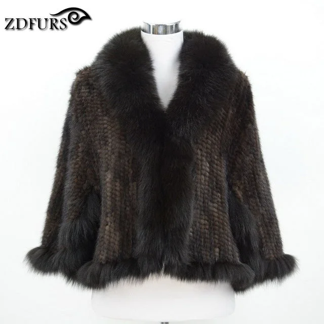 ZDFURS *New Genuine Knit Mink Fur Shawl Poncho With Fox Trimming Real mink fur jacket Fashion Women ZDKM-166001