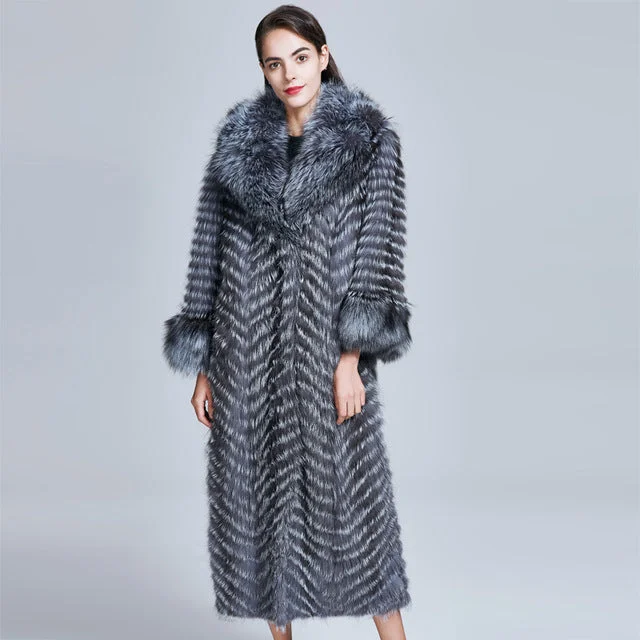 ZIRUNKING Long Real Fur Coat Women Natural Silver Fox Fur Coats Female Fox Parkas Outwear Women Clothes ZC1728