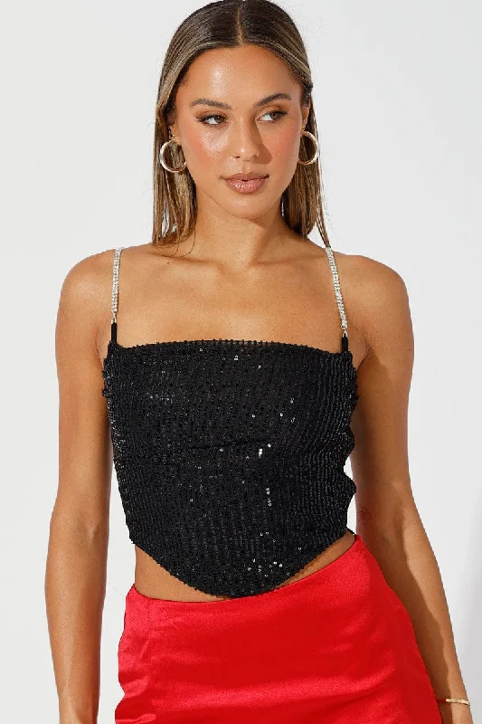 Black Sequins Cami Cowl Neck Crop