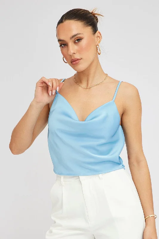 Blue Satin Cami Sleeveless Cowl Neck