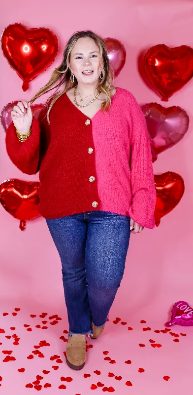 Fireside Feels Color Block Button Up Cardigan with Balloon Sleeves in Hot Pink and Red