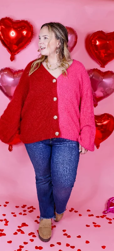 Fireside Feels Color Block Button Up Cardigan with Balloon Sleeves in Hot Pink and Red