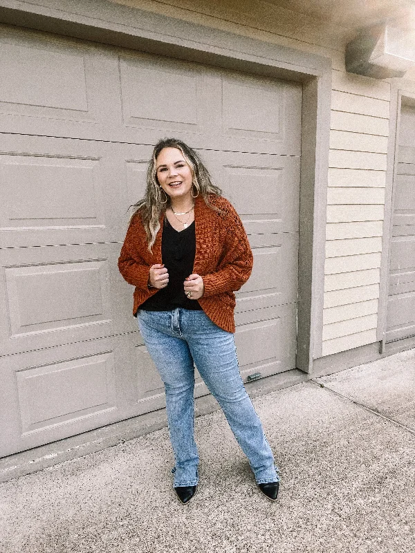 Incredibly Cozy Cable Knit open Front Cardigan in Rust Brown