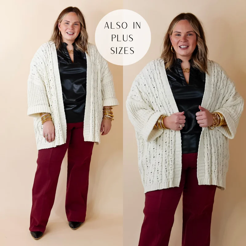 On My Level Chenille Cable Knit Open Front Cardigan in Ivory