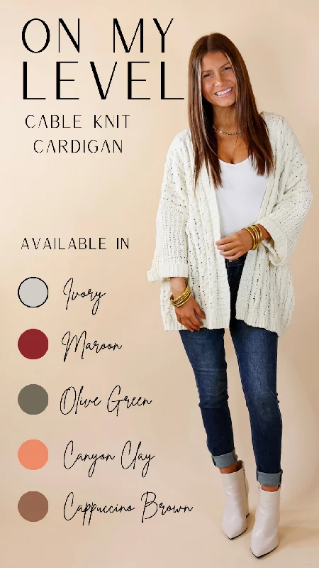 On My Level Chenille Cable Knit Open Front Cardigan in Ivory