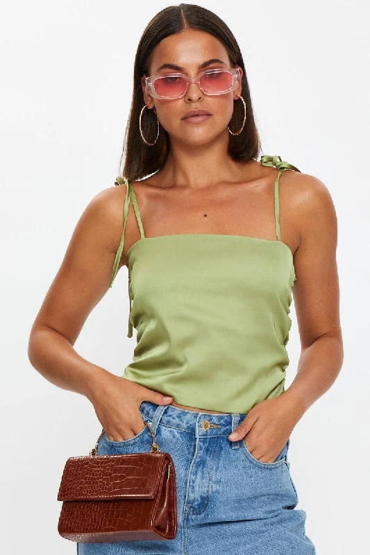 Green Satin Cami Crop Top