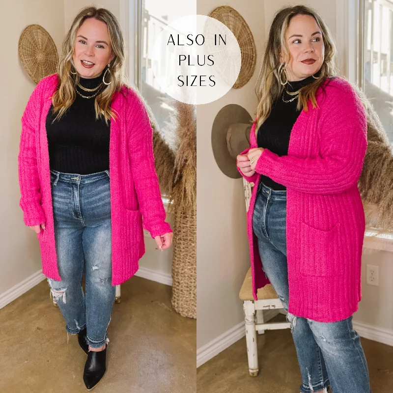 Cold Brew And Cuddles Long Sleeve Cardigan with Pockets in Hot Pink