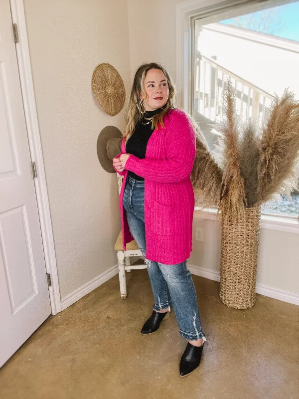 Cold Brew And Cuddles Long Sleeve Cardigan with Pockets in Hot Pink