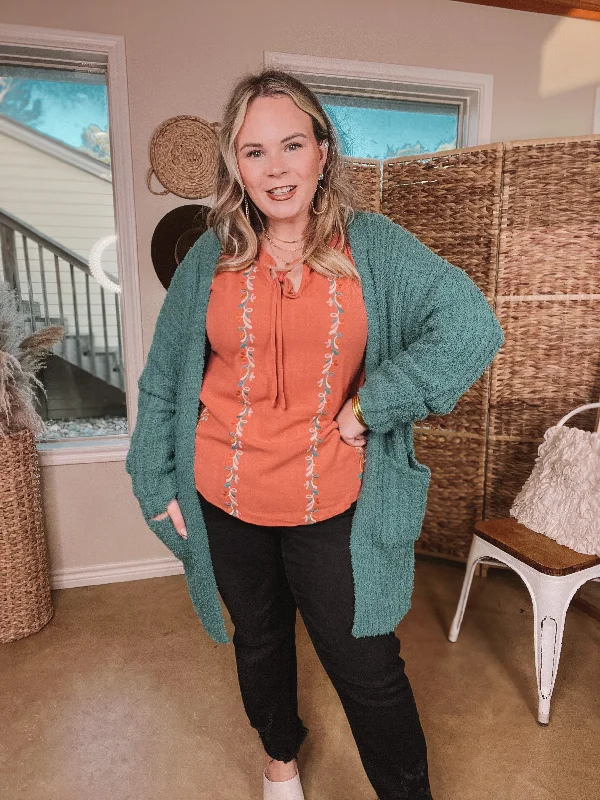 Cold Brew And Cuddles Long Sleeve Cardigan with Pockets in Teal