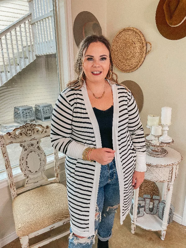 On the Scene Long Sleeve Striped Open Front Cardigan in Ivory