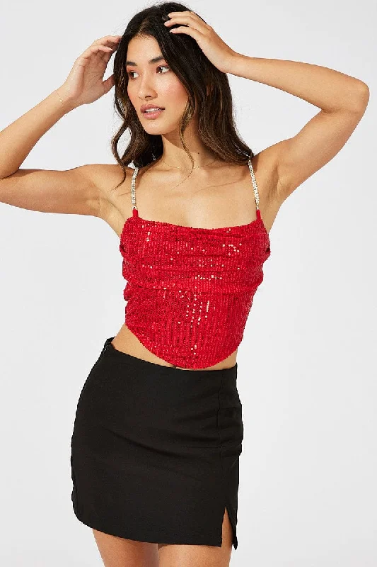 Red Sequins Cami Cowl Neck Crop