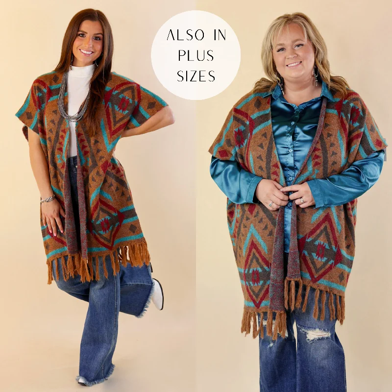 South Texas Sunset Aztec Print Wrap Poncho Vest in Turquoise and Camel