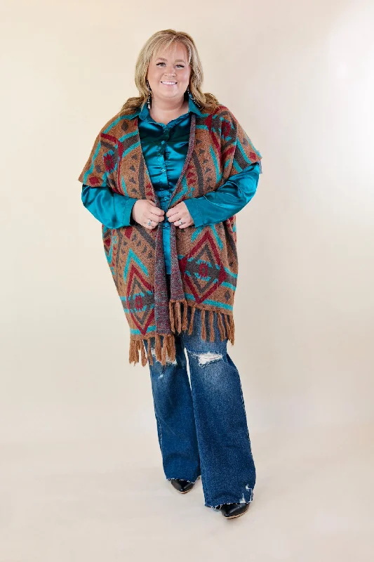 South Texas Sunset Aztec Print Wrap Poncho Vest in Turquoise and Camel