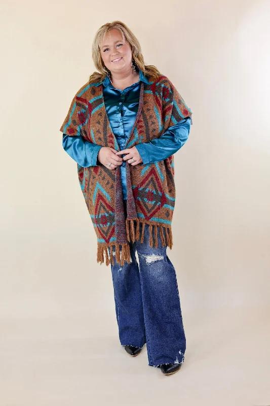 South Texas Sunset Aztec Print Wrap Poncho Vest in Turquoise and Camel