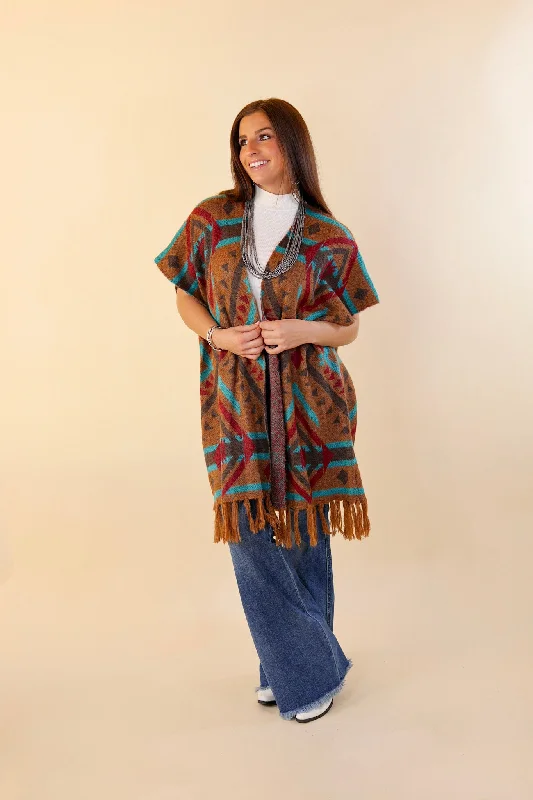 South Texas Sunset Aztec Print Wrap Poncho Vest in Turquoise and Camel