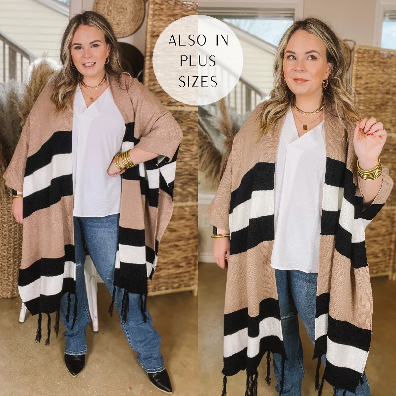 Warmest Wishes Striped Poncho Cardigan with Tassel Fringe in Mocha, Ivory, and Black