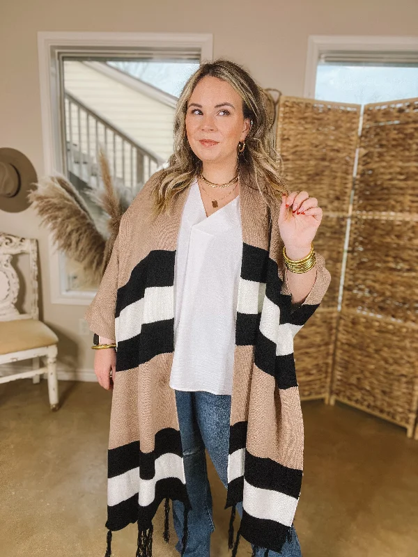 Warmest Wishes Striped Poncho Cardigan with Tassel Fringe in Mocha, Ivory, and Black