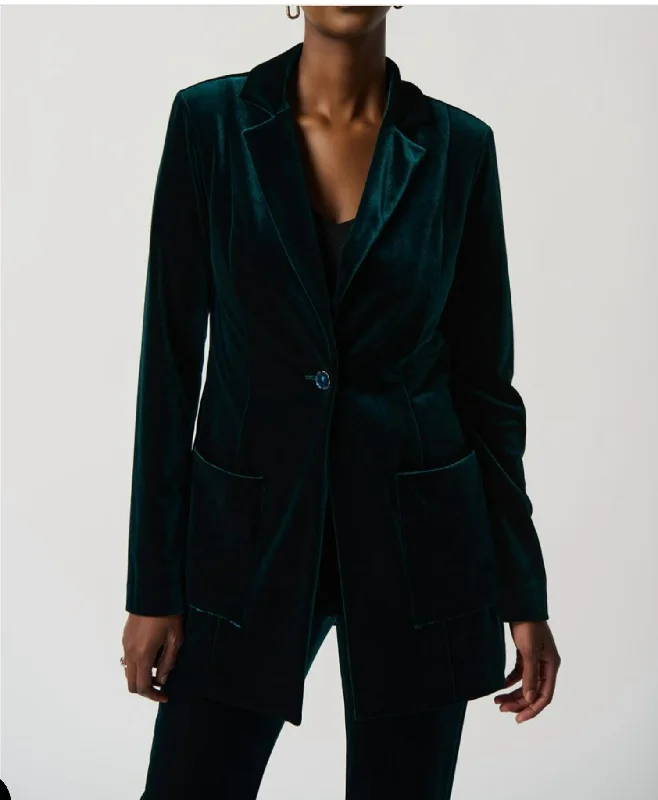 Velvet Blazer With Notch Collar And Pockets 234288 In Dark Green