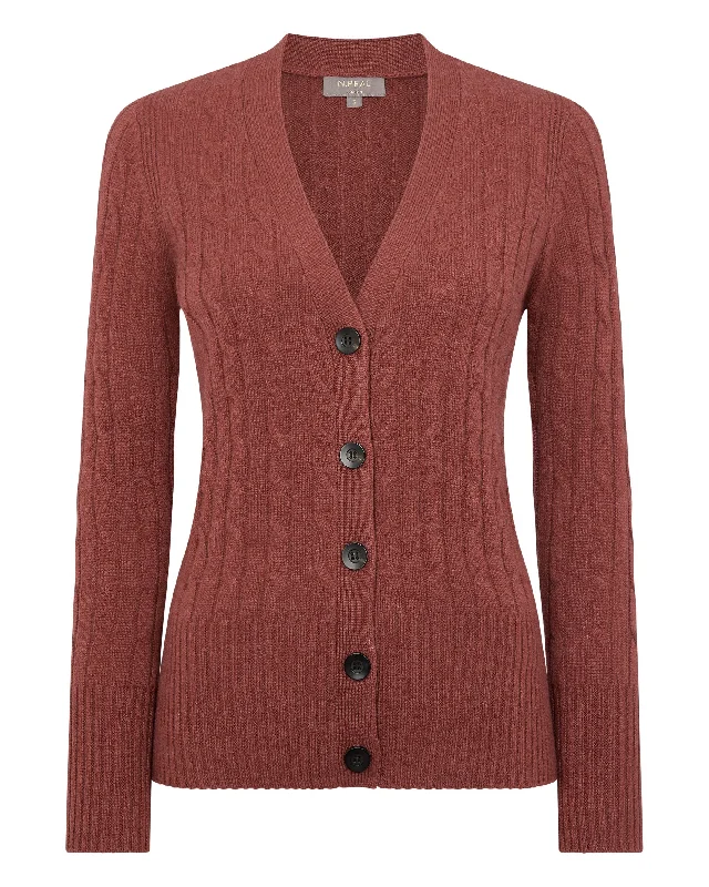 Women's Clara Cable V Neck Cashmere Cardigan Terracotta Brown