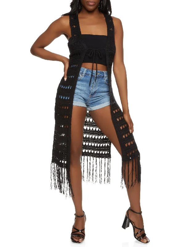 Crochet Tie Front Fringe Hem Sleeveless Duster