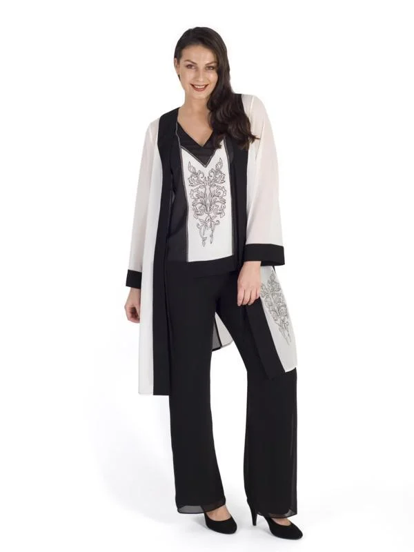 Blk/Ivory Contrast Trim Emb Chiffon Coat