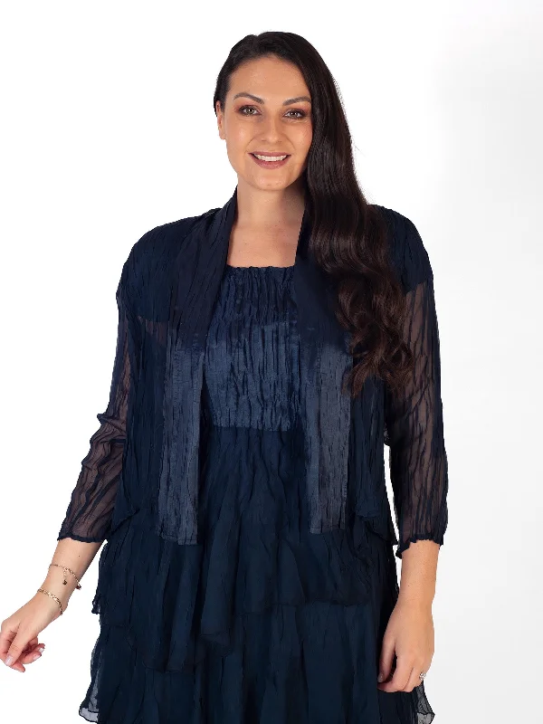 Navy Crush Pleat Satin and Chiffon Shrug