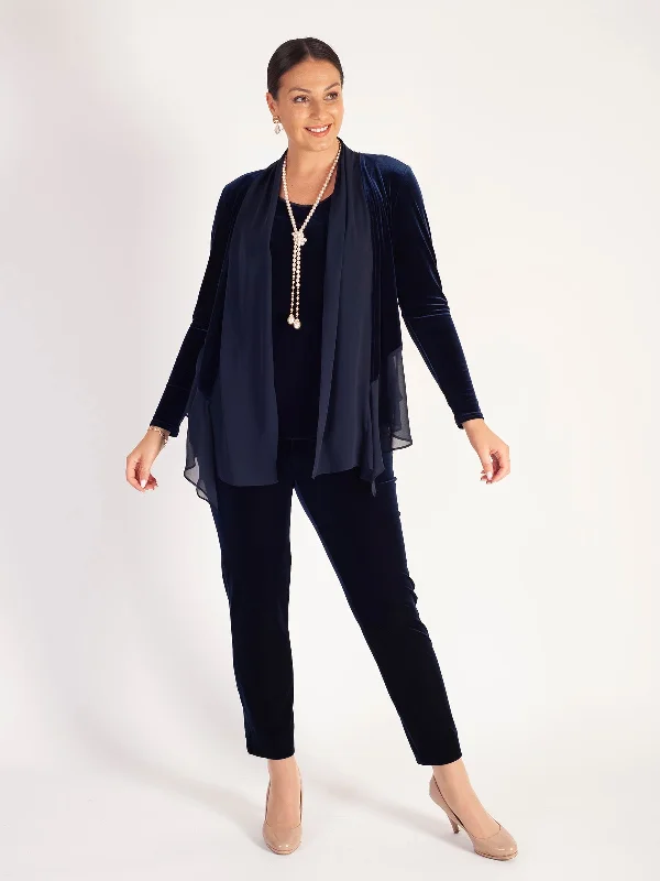 Navy Stretch Velvet Shrug with Contrast Chiffon Trim