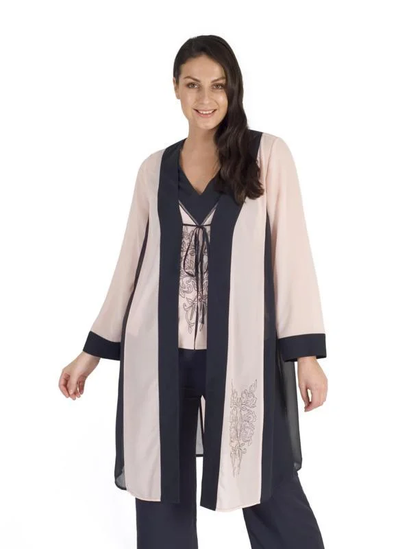 Smoke/Shell Contrast Trim Emb Chiffon Coat