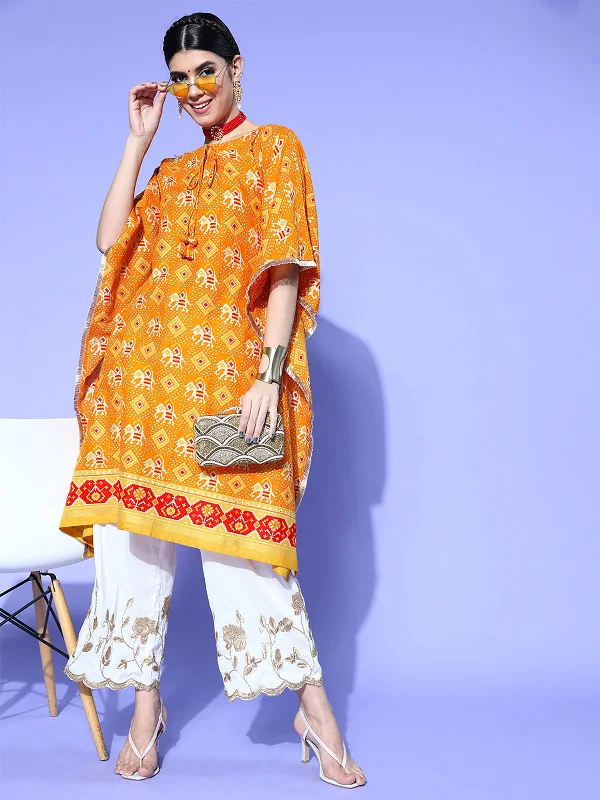 Odette Women Yellow Kaftan Printed Stitched Kurta