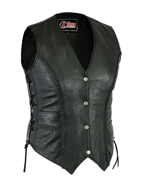 Ladies Real Leather Laced Up Motorcycle Biker Waistcoat Womens Gillette Vest