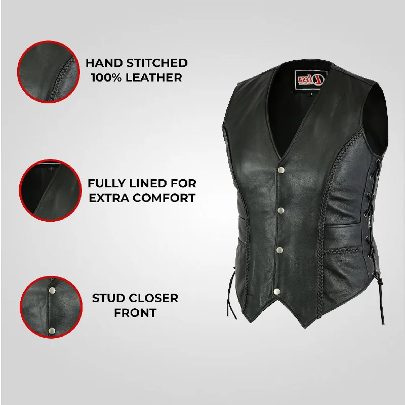 Ladies Real Leather Laced Up Motorcycle Biker Waistcoat Womens Gillette Vest