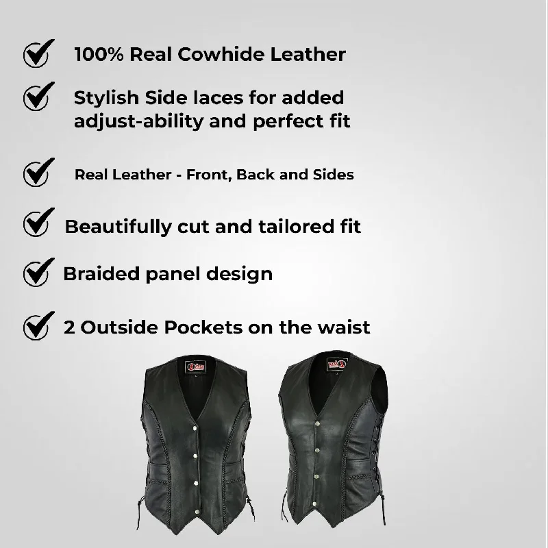 Ladies Real Leather Laced Up Motorcycle Biker Waistcoat Womens Gillette Vest