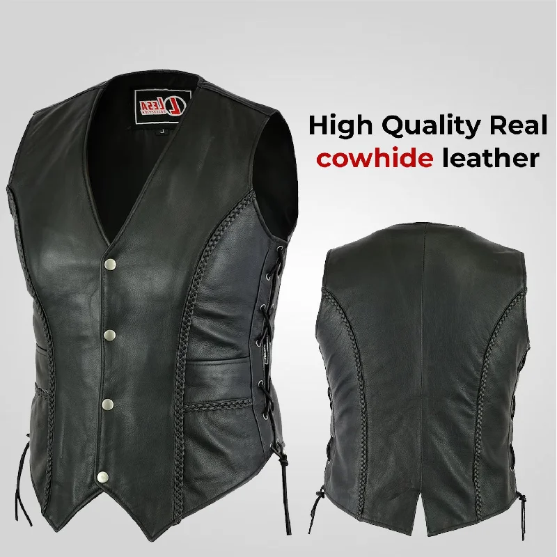 Ladies Real Leather Laced Up Motorcycle Biker Waistcoat Womens Gillette Vest