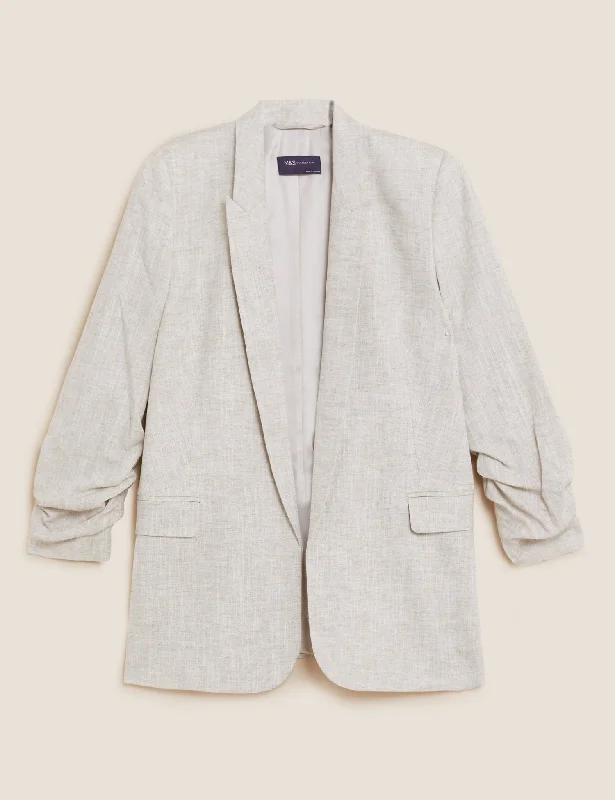 Linen Blend Ruched Sleeve Blazer